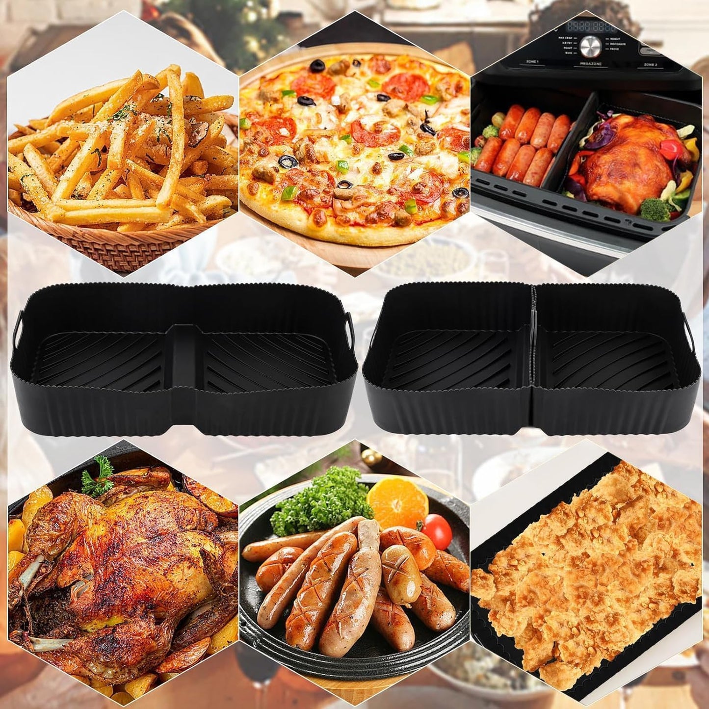 Air Fryer Silicone Liners for Ninja DZ071, 3 Pack Reusable 7-QT DualZone Megazone Air Fryer Accessories, 2 Pcs Liners for Dual 3.5QT Baskets 1 Pcs Liner for 7-QT Megazone Basket