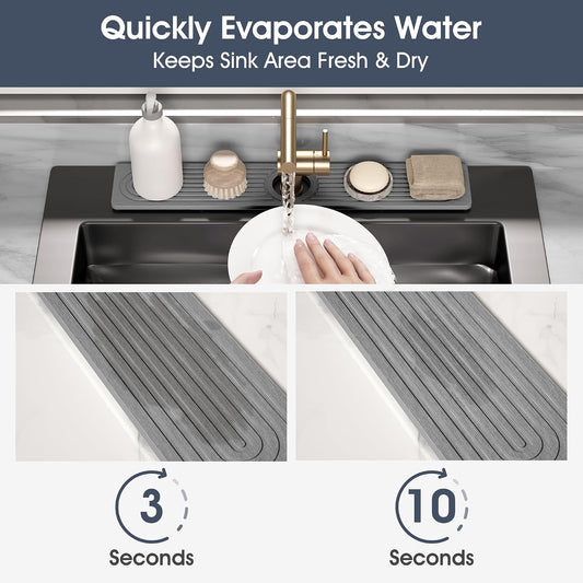 Quick Drying Stone Faucet Mat for Kitchen Sink - Diatomite Sink Mat Absorbing Stone Tray for Bathroom Counter, Sink Faucet Splash Guard Water Protector Matt for Kitchen Counter(White, 14" x 3.9")