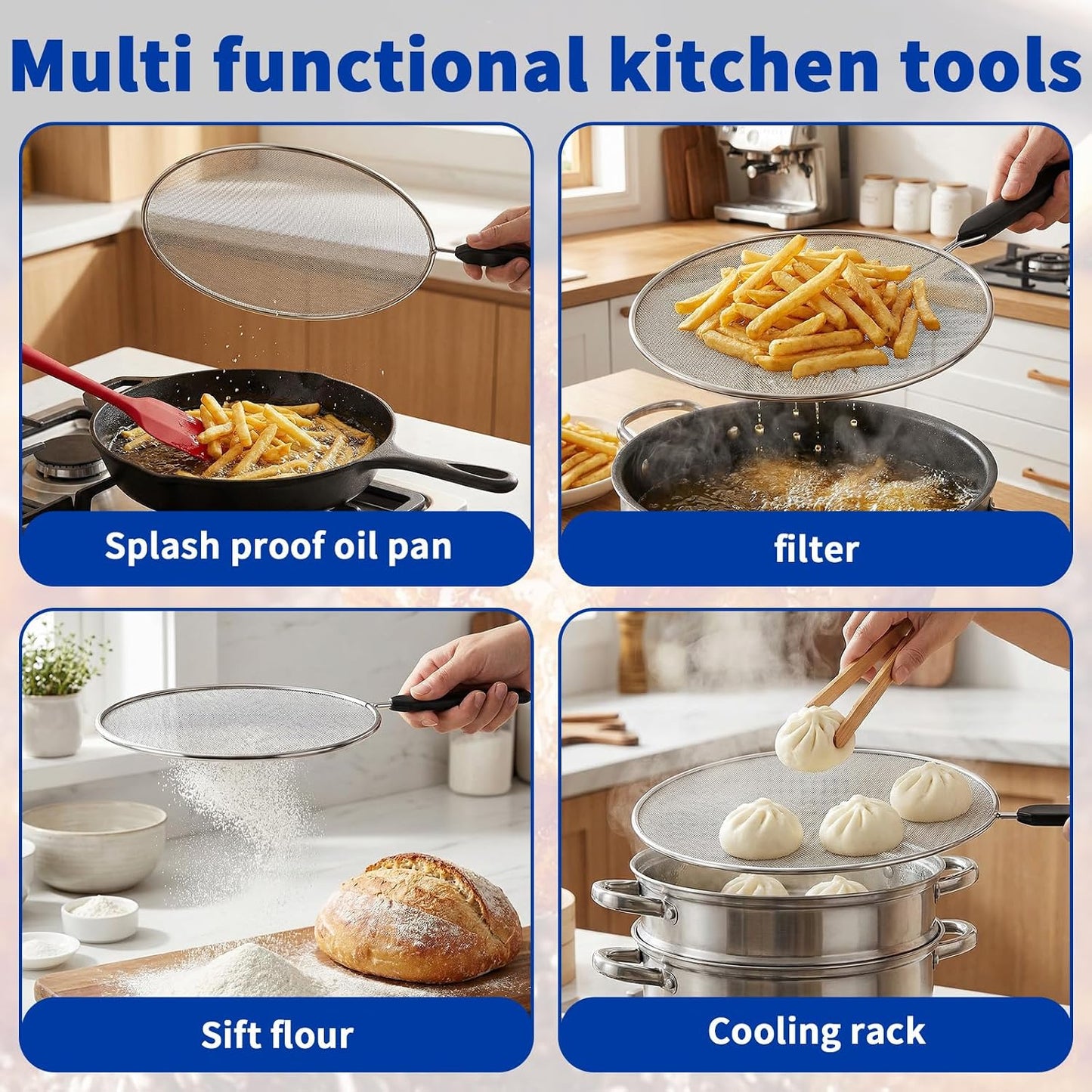 3-Pack Splatter Screen for Frying Pan - 8'' 10'' 11''Stainless Steel Grease Splatter Guard - Cover Oil Splash when Sizzling Bacon - Fine Mesh Cover, Splatter Screen for Frying Pan, Cooking Pots