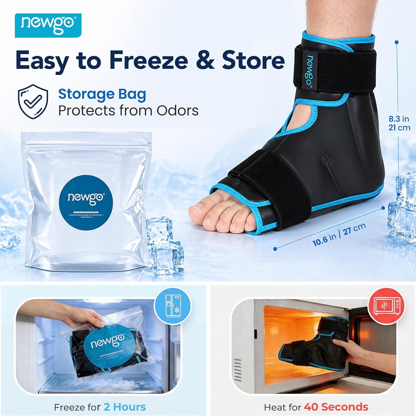 NEWGO Foot Ice Pack Wrap – Cold Compression for Plantar Fasciitis, Black | 360° Full Coverage Gel Ice Boot, Reusable For Heel & Ankle Pain, Swelling, Achilles Tendonitis, Sprains