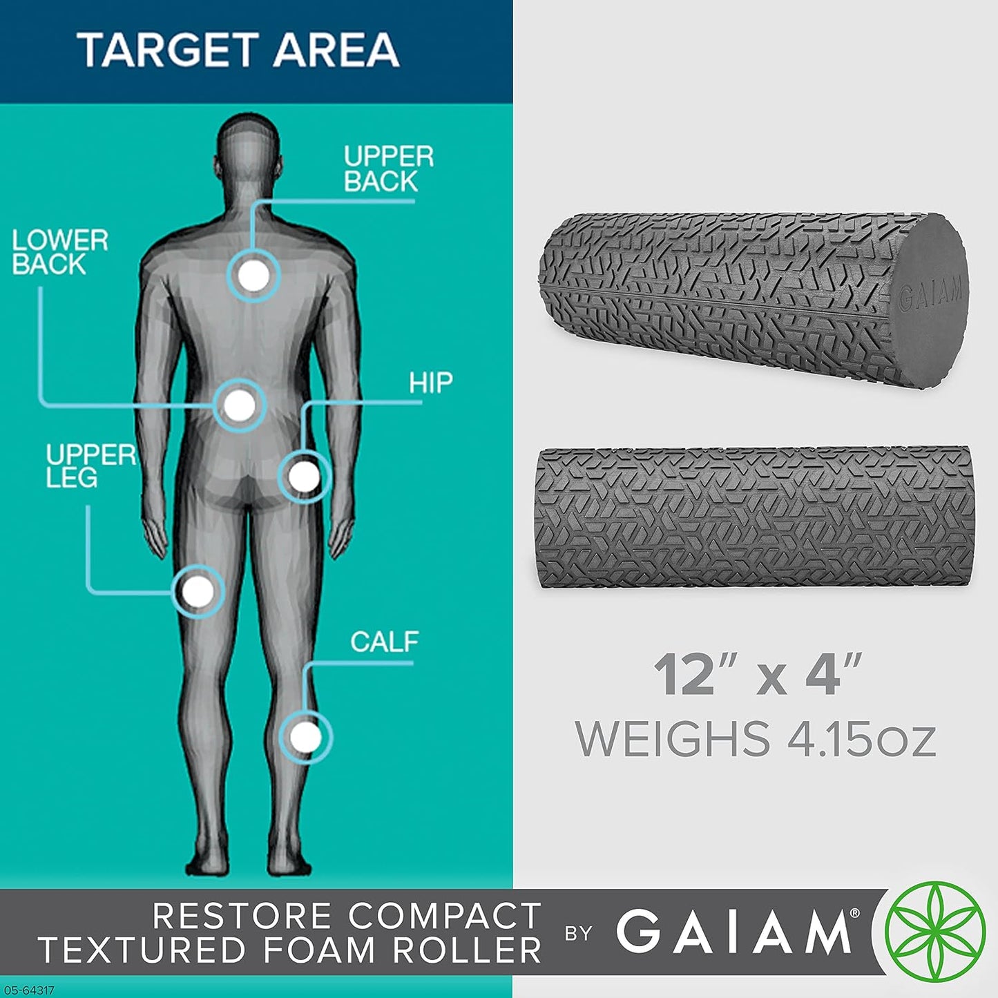 Gaiam Restore Compact Textured Foam Roller, 12", Muscle Recovery | 12"L x 4" Diameter | Textured Surface | Deep Tissue Massage | Travel-Friendly | Muscle Recovery