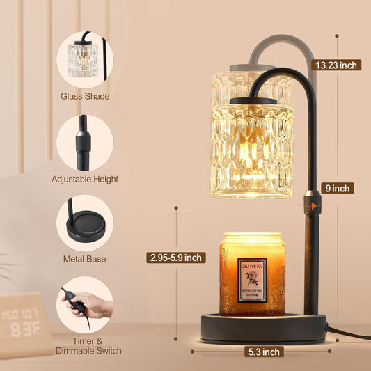 CASTLELIFE Dimmable Candle Warmer Lamp with Timer, Height Adjustable Candle Warmer for Jar Candles, Electric Wax Melt Warmer for Home Decor House Warming Gifts, Birthday Gifts for Women, Black Clear