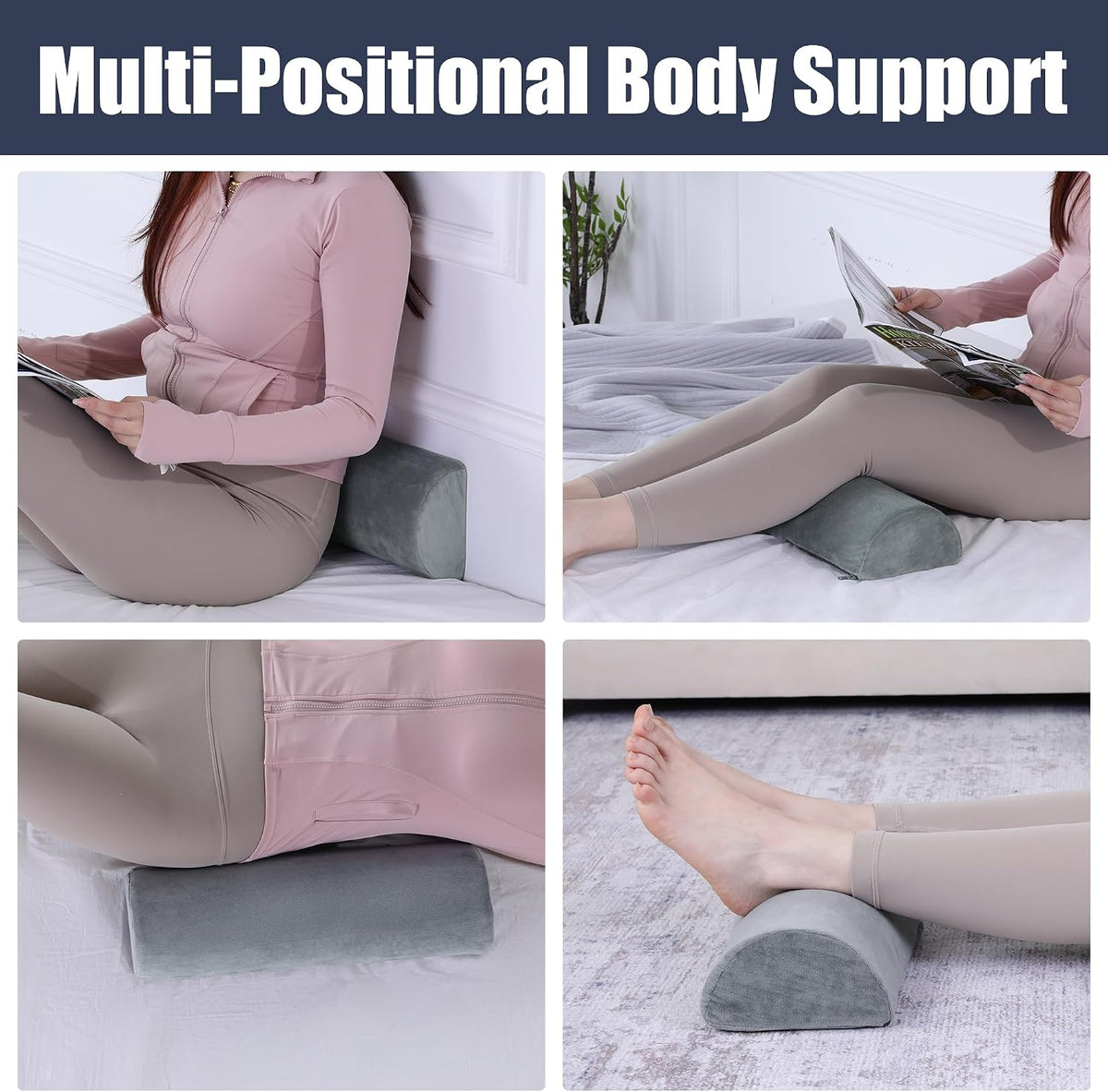 HOMBYS Memory Foam Sleep Position Training Pillow, Half Moon Bolster Body Supportive Trainer Pillow for Back Sleeper Side Sleeper, Adjustable Semi Roll Body Pillow - Grey