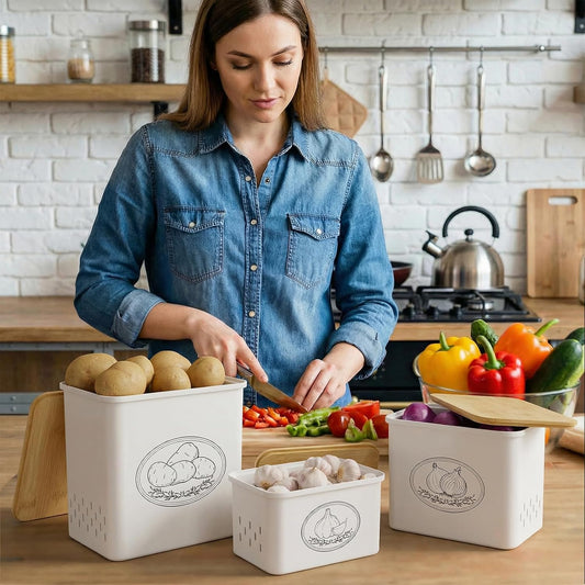 Lifewit Plastic Potato and Onion Storage Bin Box, Set of 3, White