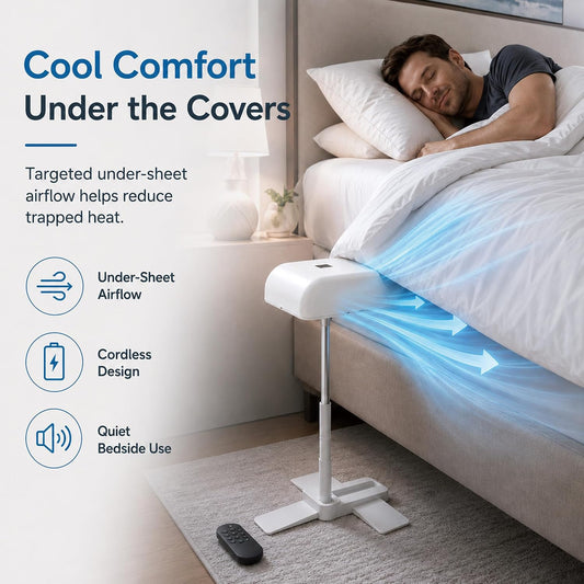 Under Sheets Cooling Fan, Rechargeable Cordless Bed Cooler for Under Blanket Use, 5-Speed Airflow with Remote Control, Adjustable Height Sleep System for Hot Sleepers (1p)