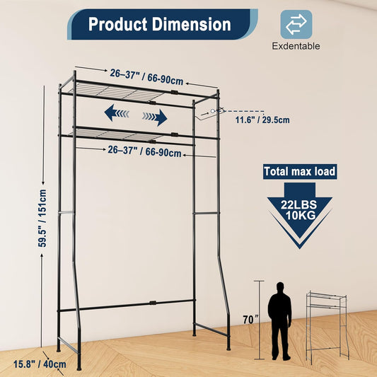 Laundry Room Storage Shelf & Organizer, 2 Tier Metal Over Washer and Dryer Shelves, Washing Machine Shelf with Hanger Rod, Expandable Bathroom Space Saver Shelf, 26–37" L x 15.8" W x 59.5" H, Black