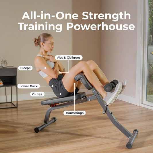 Sunny Health & Fitness Multi-Function Roman Chair | Adjustable Height, Folds Flat for Storage, Built in Dip Station, Targets Back, Abs & Core, Crunches & Back Extensions