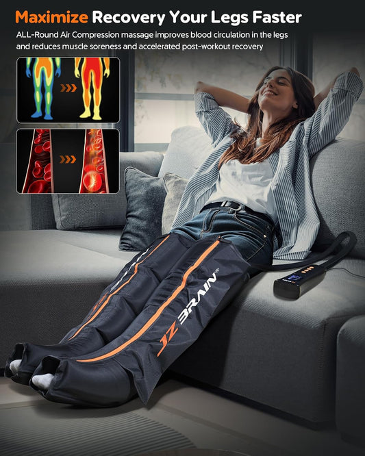 JZBRAIN Compression Boots, Full Leg Compression Massager for Circulation | A Sequential Recovery System for Fatigue Relief, 6 Intensity, 6 Modes, 3 Timers, Large, Ideal for Athletes, Runners, Gym