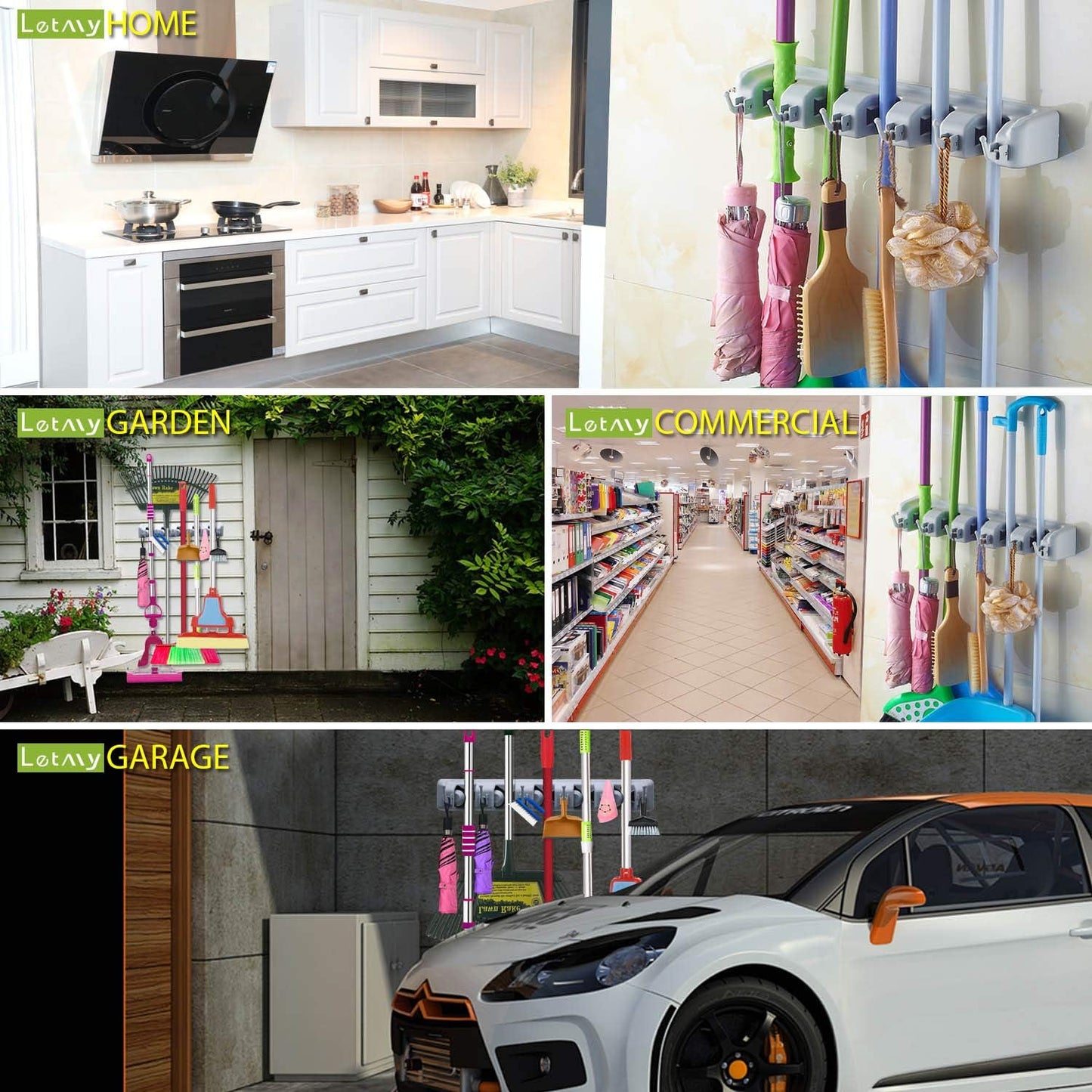LETMY Broom Holder Wall Mounted - Mop and Broom Hanger Holder - Garage Storage Rack & Garden Tool Organizer - 5 Position 6 Hooks for Home, kitchen, Garden, Tools, Garage