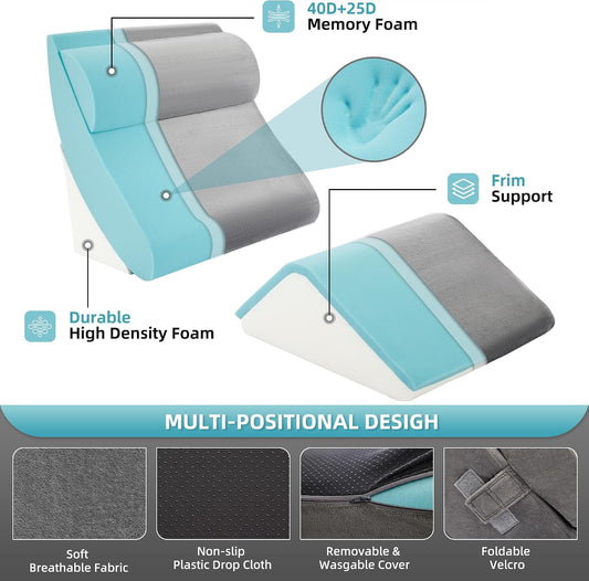 4PCS Orthopedic Bed Wedge Pillow Set for Sleeping, Post Surgery Memory Foam Support Pillows for Back, Neck and Leg Pain Relief, Adjustable Triangle Pillow - Acid Reflux, Anti Snoring & GERD
