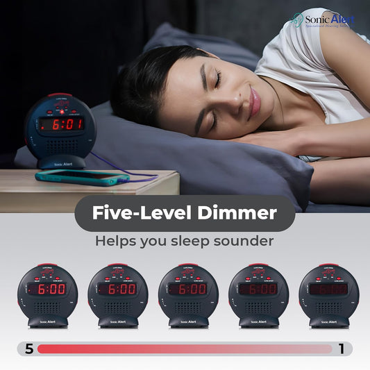 Sonic Alert Small Digital Alarm Clock with Battery Backup, Snooze, Full Range Brightness Dimmer, Outlet Powered Compact Clock for Bedrooms, Desk, Bedside, Simple to Operate (Black)