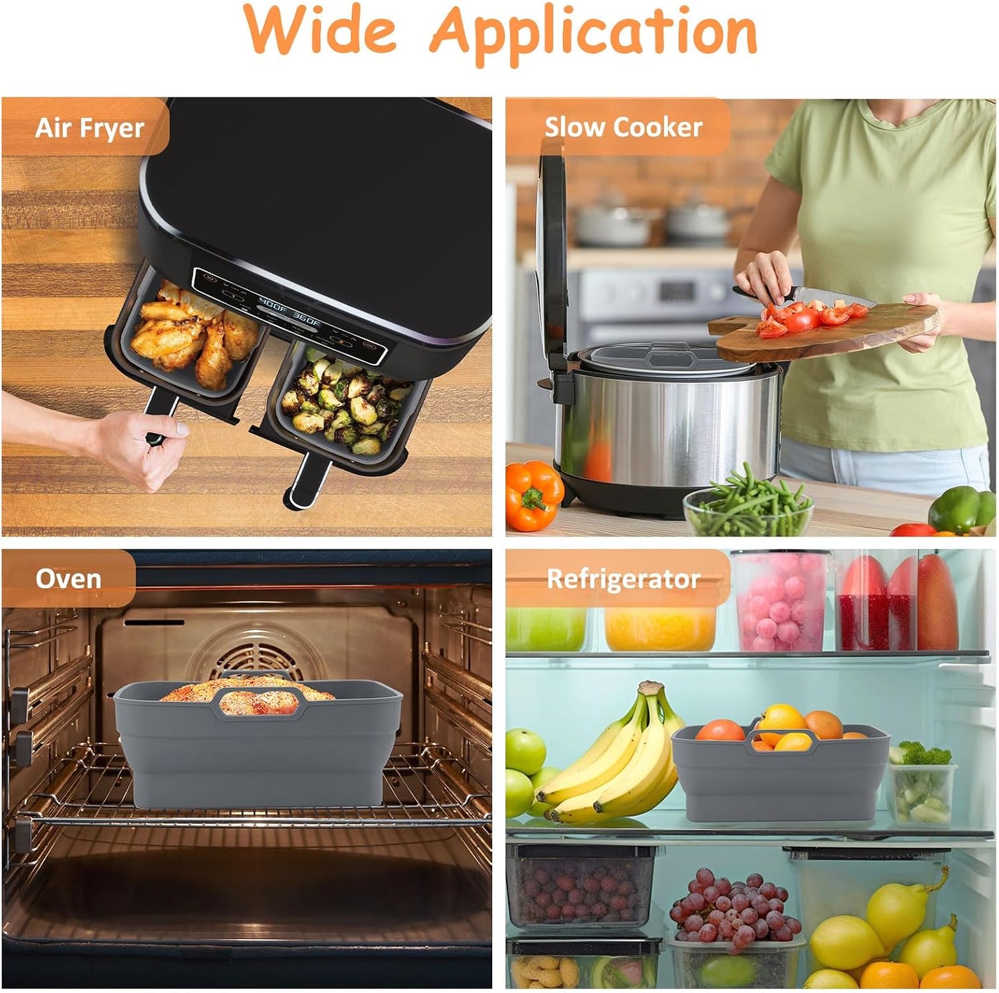 2Pcs Air Fryer Silicone Liners with Magnetic Cheat Sheet, 8-10 QT, Grey | 2 Pack, Reusable, Replacement Basket Bowl, Collapsible Baking Tray, Air Fryer Accessories