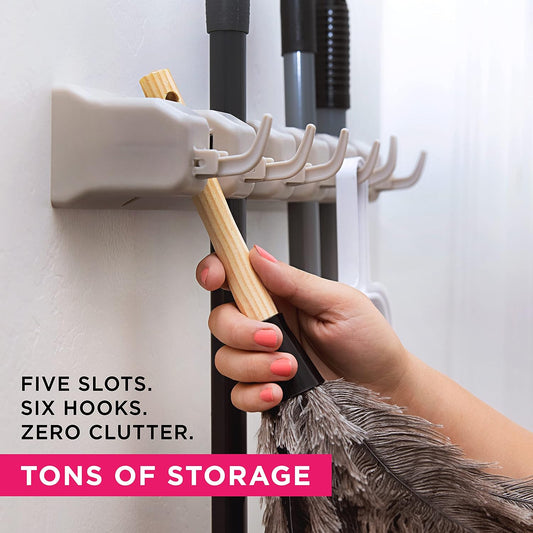 Broom Holder Wall Mount, Broom and Mop Organizer Wall Hanging Rack & Hanger | (Black) Broom Hanger Wall Mount, Mop and Broom Holder Wall Mount, Mop Holder, Hanger for Brooms and Mops, 5 Slots 6 Hooks