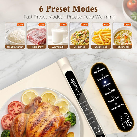 Warming Mat for Food, Electric Warming Tray with Heat-Resistant Pad-L Grey | Colorlife 6 Preset Modes, 7 Temps, 6H Timer, Child Lock, Auto-Memory, Rollable Silicone Food Warmer for Buffet, Parties