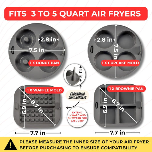 EM Set of 5 Silicone Air Fryer Liners with Egg Bite Mold, Waffle Mold & Mitts - 7.5” Round Reusable Silicone Inserts for 3-5 Qt Airfryers - Easy to Clean & Heat-Resistant Air Fryer Accessories Set