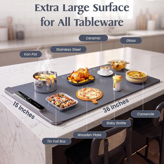 Warming Mat for Food Extra Large - 36”x15” Electric Food Warmer with Heat Resistant Pad, 14 Temperature & 20 Timer Settings with 6 Preset Modes, Dual Temperature Display, Child Lock & Auto Shut-Off