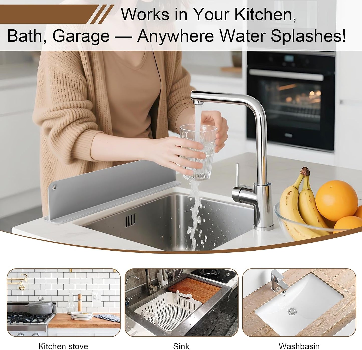 Mofason Silicone Sink Splash Guard for Kitchen Water Splash Guard, Black | 17.3"x4.1" sink splash guard for kitchen sink area suction cups, sink backsplash guard Fits front edge counter behind faucet