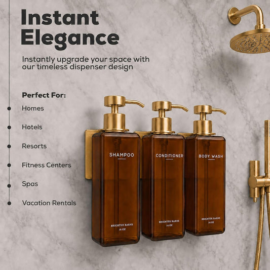 Luxury Shampoo and Conditioner Dispenser Set Wall Mounted by Brighter Barns - Refillable Shower Dispenser with Stainless Steel Pumps - Shampoo Bottles 3 Chamber No Drill for Airbnb, Spa, Hotel (White)