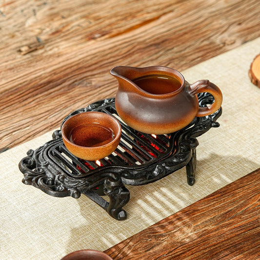 Sungmor Vintage Cast Iron Teapot Warmer with 2 Tealight Holders - Black | Rustic Tea Warmer Stand, Decorative Heater Base/Trivet for Tea & Hot Pots, Home Office Party or Desk