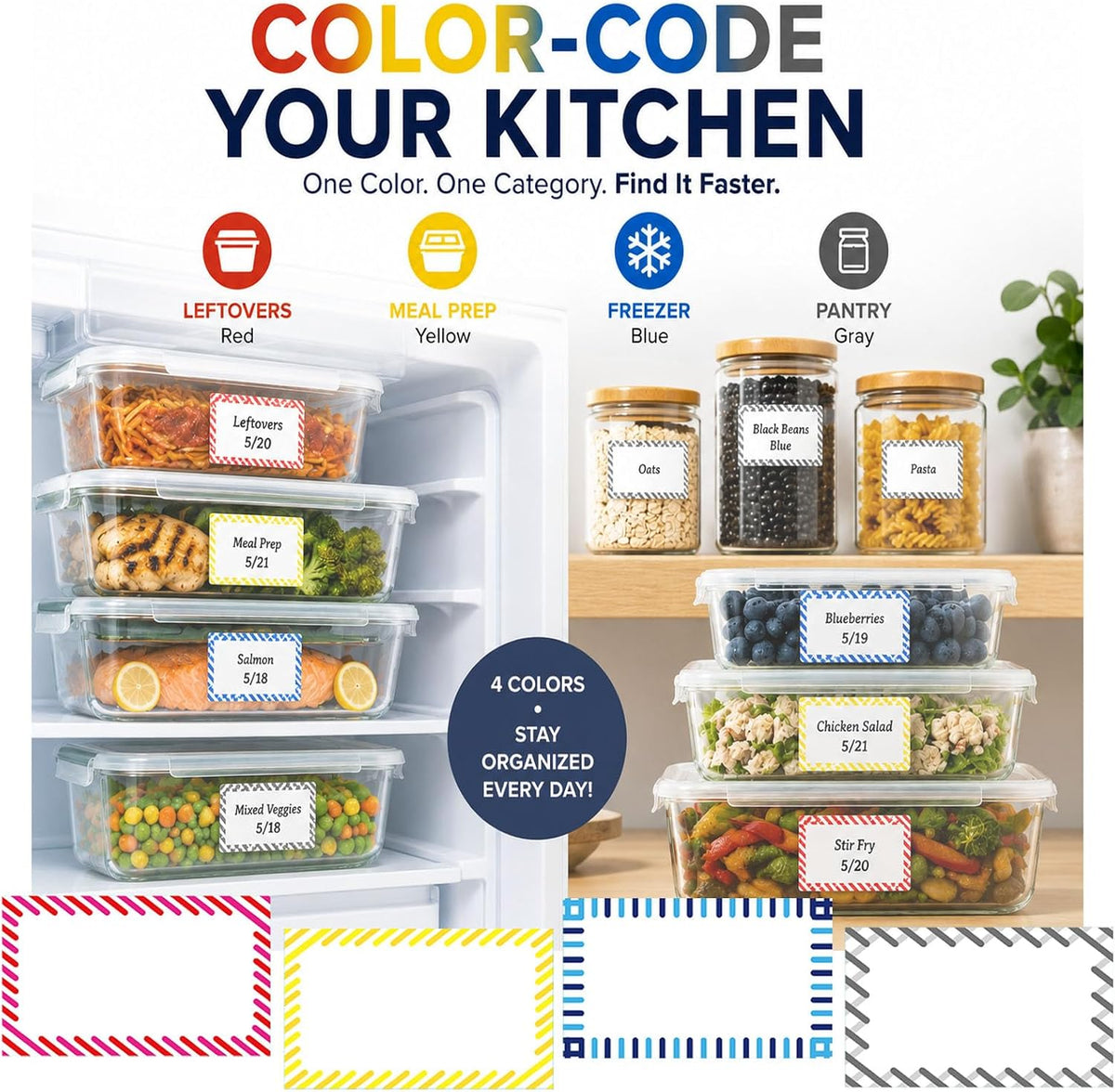 Removable Food Labels, No Residue, Easy Peel Writable Kitchen Labels for Meal Prep & Food Storage Containers, 1.5” x 2.5”, 200 Labels, Vibrant Frame Set