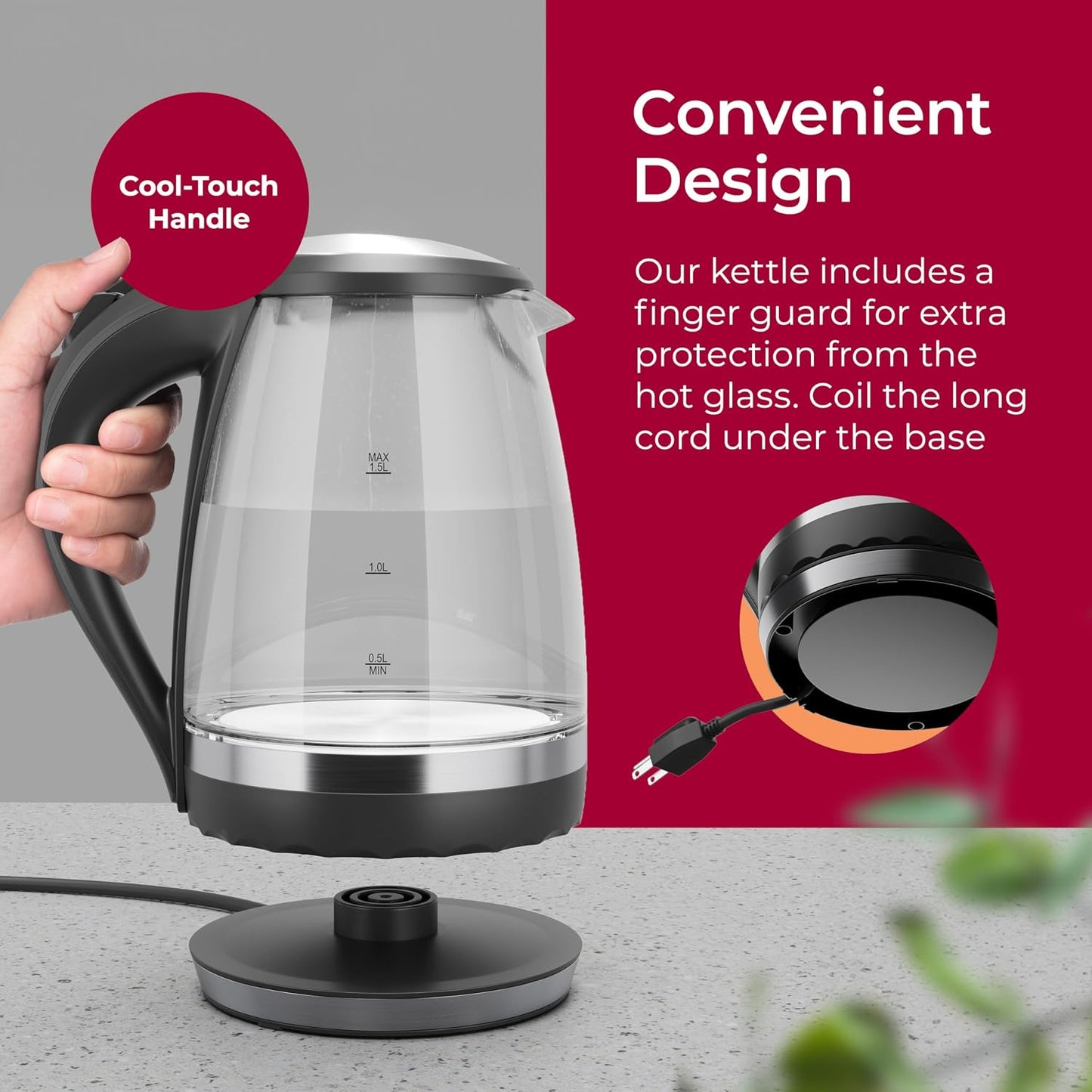 Mueller Living 1.8L Electric Kettle, Tea Kettle for Boiling Water | 1.8L | 1500W | LED | SpeedBoil | Automatic Shutoff | Cordless | Borosilicate Glass | BPA Free