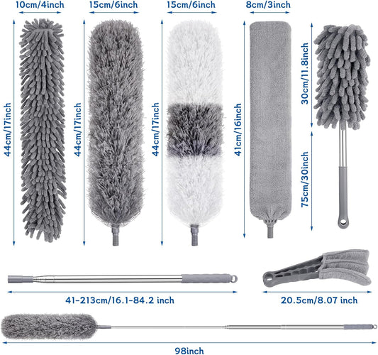Feather Duster Set (4 Pieces), 30-100 inch Microfiber Retractable Gap Duster for Cleaning Ceilings, Furniture Refrigerators and Under Sofas | Bendable Head for Corner Cleaning, Washable Reusable Duster, Household Tool for Ceiling Furniture Under Sofa