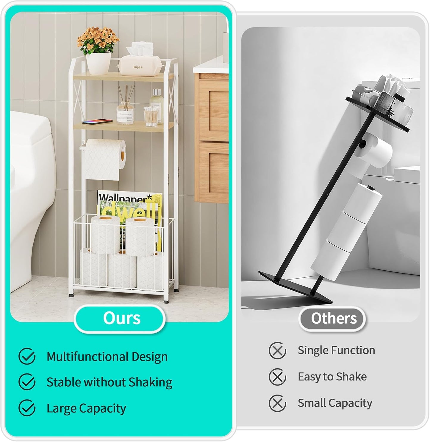 HapiRm Freestanding Toilet Paper Holder - 4-Tier Bathroom Tissue Organizer with Wood Shelves and Large Basket, Toilet Paper Holder Stand for Bathroom, Laundry Room, Apartment - Black(Large)