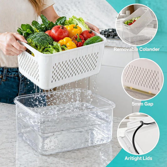 HOMETALL 4 Pack Fruit Storage Containers for Fridge Set, Produce Containers for Fridge with Strainer, Plastic Reusable Fridge Organizers and Storage for Berry Salad Lettuce, Size 3.4, 1.8, 0.9, 0.4QT