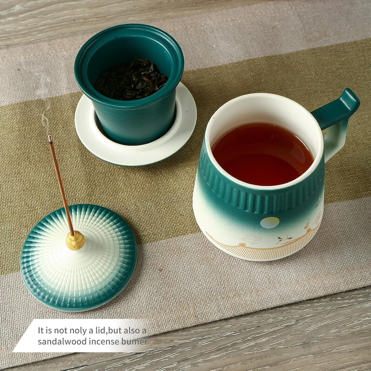 Loose Leaf Tea Cup with Infuser and Lid, 14.8oz Chinese Ceramic Mug with Fine Mesh Strainer, Office Steeping Cup for Tea Lovers Gifts