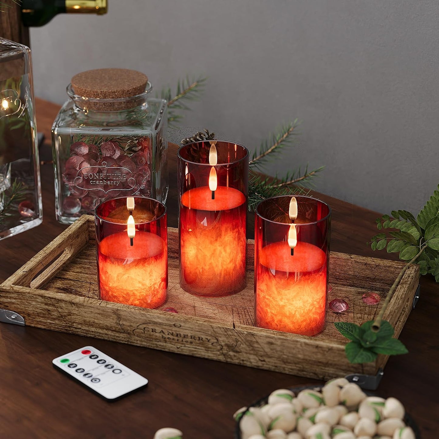 Battery Operated Flameless Candles with Remote & Timer, Gold Glass 3Pack | Real Wax Crystal Texture, D3×H4/5/6", 2/4/6/8H Timer, Dimming, Flickering Realistic LED Candles for Wedding Table Decor