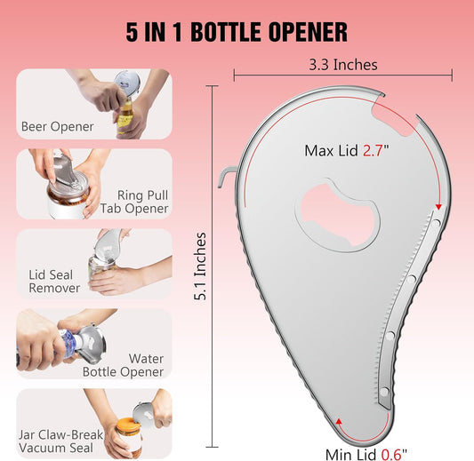 Uinxan 5 in 1 Bottle Opener for Small Jar Lid, Beer, Can Tab, Vacuum Seals | Effortlessly Opens Screw Caps(0.6"-2.7"), Stainless Steel Multi Portable Tool,Ideal for Seniors & Weak Hands (Silver)