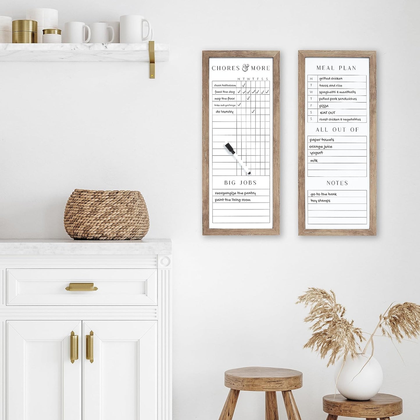 Sheffield Home Set of Two Family Planner Dry Erase Boards Featuring, Chore Chart, Shopping List, Weekly Meal Planner and Notes, 9x21 Inch, Natural