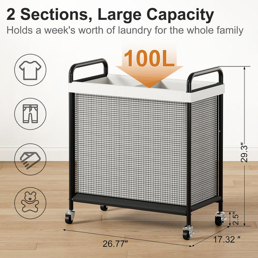 WOWLIVE Rolling Laundry Hamper 2 Section, 100L Laundry Basket with Wheels | Double Laundry Sorter with Metal Handle and Removable Bag, Large Clothes Hamper for Laundry Room, Bathroom and Dorm, Beige