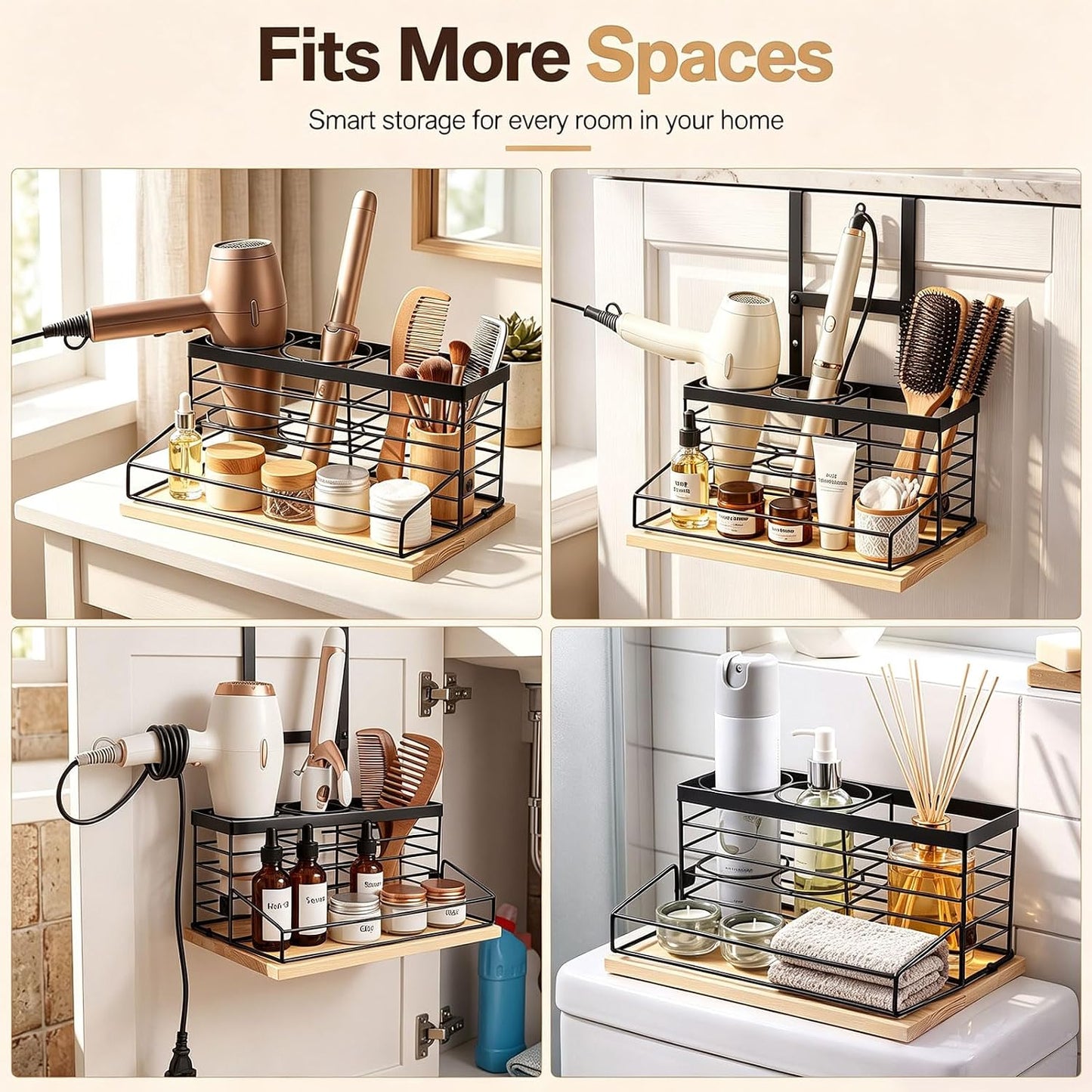 Metal Hair Tool Organizer Hair Dryer Holder for Bathroom | Adjustable Height, Wall Mounted, 3 in 1 Blow Dryer Holder, Hot Tools Organizer, over Cabinet Door, Heavy Duty Storage Rack