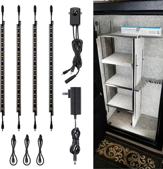 TORCHSTAR LED Safe Lighting Kit Bundle 39 Inch Extension Cable, (4) 12 Inch Linkable Light Bars + Motion Sensor + UL Listed Power Adapter & 2-Pack 39 Inch Gun Safe cabinet Lighting Kit Interconnect Ca