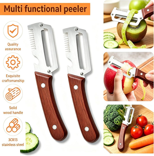 2 Pack Premium Vegetable Peeler with Wooden Handle and Bottle Opener,Stainless Steel Peeler,Vegetable Peeler for Kitchen, Peeling Fruits and Shredding Scallions