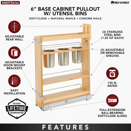 Rev-A-Shelf Pullout Organizer w/Soft-Close, Min Cabinet Opening 5.5" W | 5" W Slide Out Pantry Spice or Utensil Storage Rack w/BLUM Soft-Close & Adjustable Shelves for Base Cabinet, 448UT-BCSC-5C