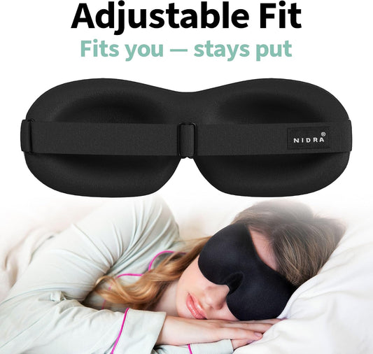 Nidra Contoured Sleep Mask for Side Sleepers – Zero Pressure Fit, Light Blocking Eye Shade for Sleeping & Travel – Black, Standard Size