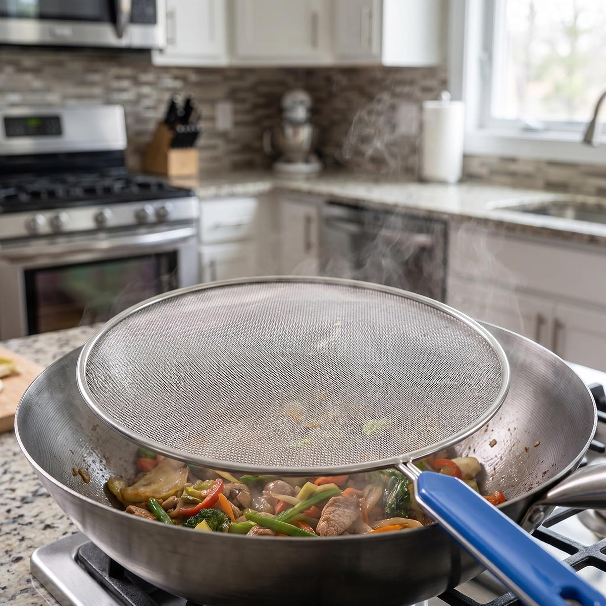 OUNONA 3pcs Splatter Screen for Frying Pan - 15.7" 17" 18.5" Stainless Steel Grease Splatter Guard - Cover Oil Splash When Sizzling Bacon, Cooking Fried Chicken Or Popcorn