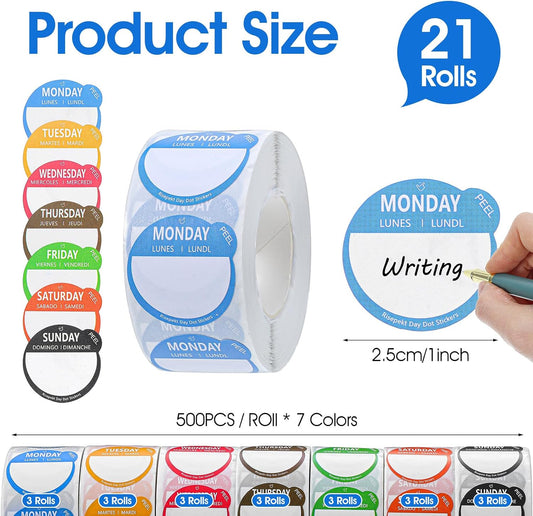 10,500 Pcs Day Dots Food Labels, Removable Date Stickers for Kitchen & Inventory, 21 Rolls Color-Coded Days of The Week Stickers for Containers & Meal Prep (1 Inch)