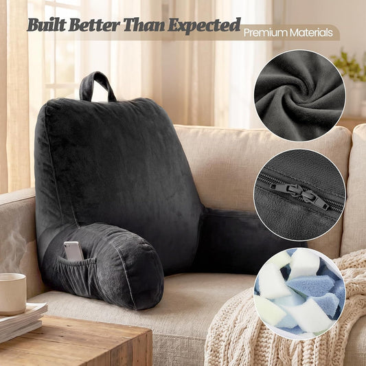 ACH Reading Pillow with Arms for Adults - Adjustable Memory Foam Bed Rest Pillow, Lumbar & Neck Back Support, Soft Velvet Cover Machine Washable, Deep Side Pocket & Carry Handle, Grey