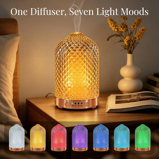 Essential Oil Diffuser for Home, Glass 120 ml | 7 Color Lights, Quiet Aromatherapy Diffuser, Auto Shut-Off & Timer for Bedroom Office, Gifts for Women - Dimond Glass