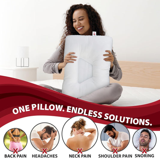 Tri-Core Ergonomic Pillow for Neck Pain Relief MidSize Gentle WH | Contoured cervical pillow supports spinal alignment for side and back sleepers to promote neck comfort and restful sleep.