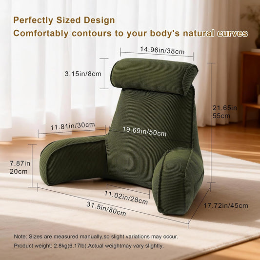 Reading Pillow for Sitting Up in Bed, Corduroy Backrest Pillow with Arms, Side Pocket & Washable Cover, Bed Rest Pillow Back Support for Adults, Beige Gray