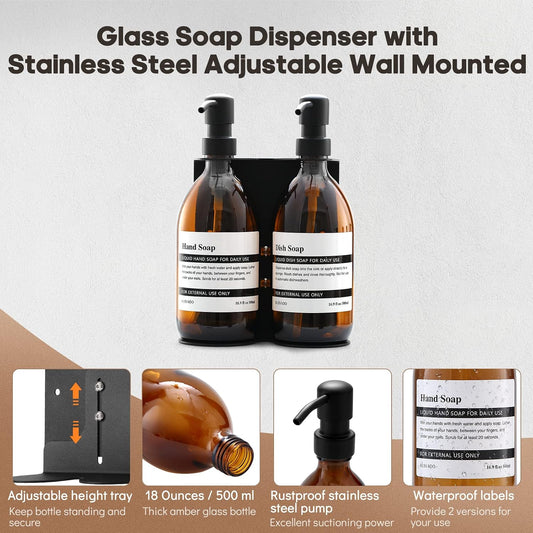 Glass No-Drill Wall Mounted Shower Soap/Hand Soap Dispenser with Adjustable Stainless Steel Holder for Bathroom and Kitchen-(Black 3 Chamber)