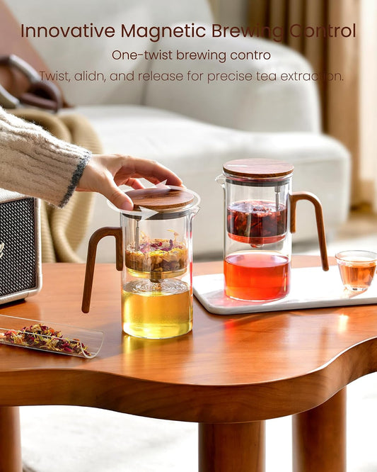 ZENS Magnetic Glass Infuser Teapot for Loose Tea, 27oz Walnut Wood Handle | Magic Teapot with Infuser, Echanted Tea Maker, Mess-Free Loose Leaf Tea Diffusers for Tea lover Gifts