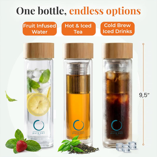 Pure Zen Tea Glass Tea Infuser Bottle, Leakproof, Tea Tumbler with Infuser | 15oz, Double Wall, Travel Sleeve, Extra-fine Stainless Steel Filter, Bamboo Lid, Gift-ready Packaging, Extra-thick Glass