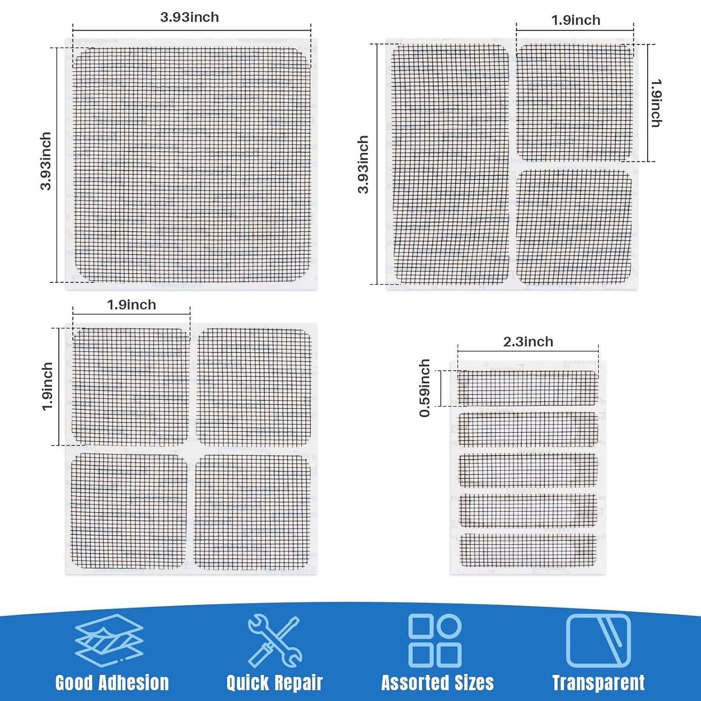 MAQIHAN Window Screen Repair Tape - 16 Sheets Black Screen Door Repair Kit | 4 Sizes Screen Patches Self Adhesive for Mesh Screens Door, Kitchen Sink & Floor Drain, Strong Adhesion Fiberglass Mesh Tape