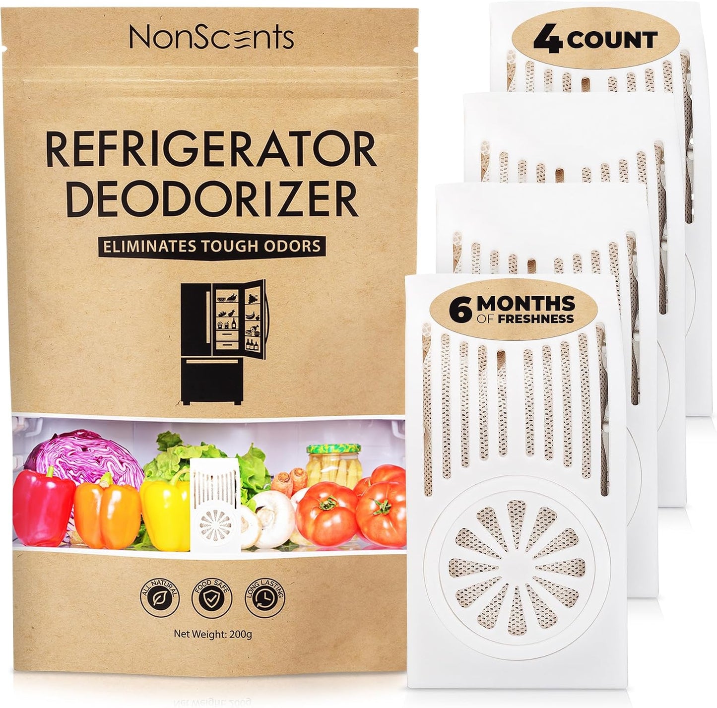 Nonscents Refrigerator Deodorizer - Odor Eliminator - 1 Count | Outshines Baking Soda & Deodorizer with Activate Charcoal, Unscented and Long-lasting Freshen Refrigerator