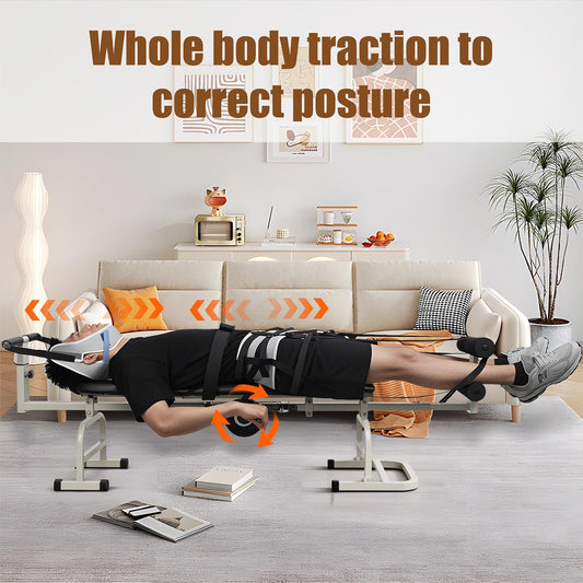 Lumbar Decompression Table with Cervical Traction, Height & Length Adjustable Back Stretcher Machine with Foam Rollers, 330lbs Capacity Spine Stretcher for Pain Relief & Spinal Alignment